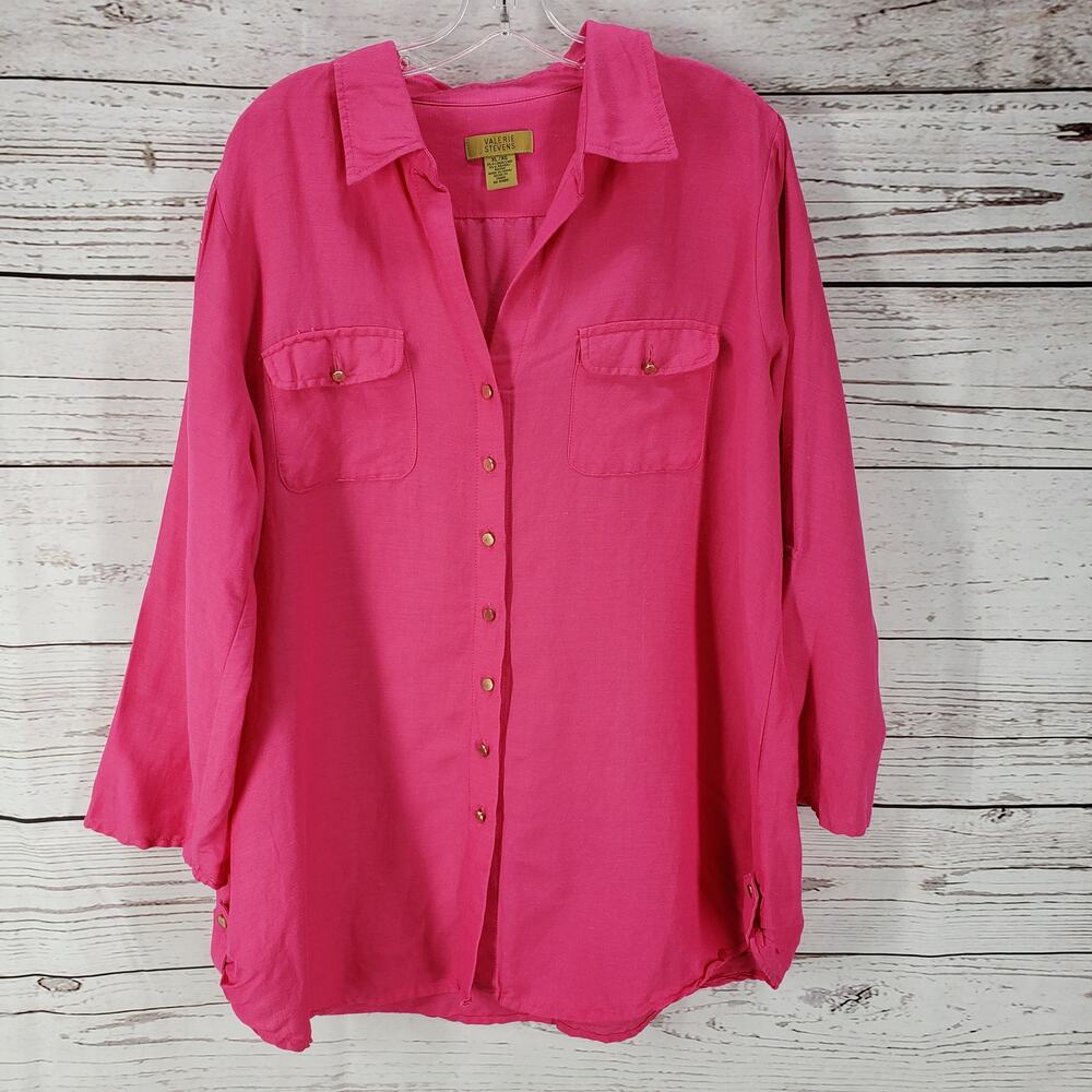 Valerie Stevens Pink Linen Blend Button Up Roll Tab Sleeve Size XL